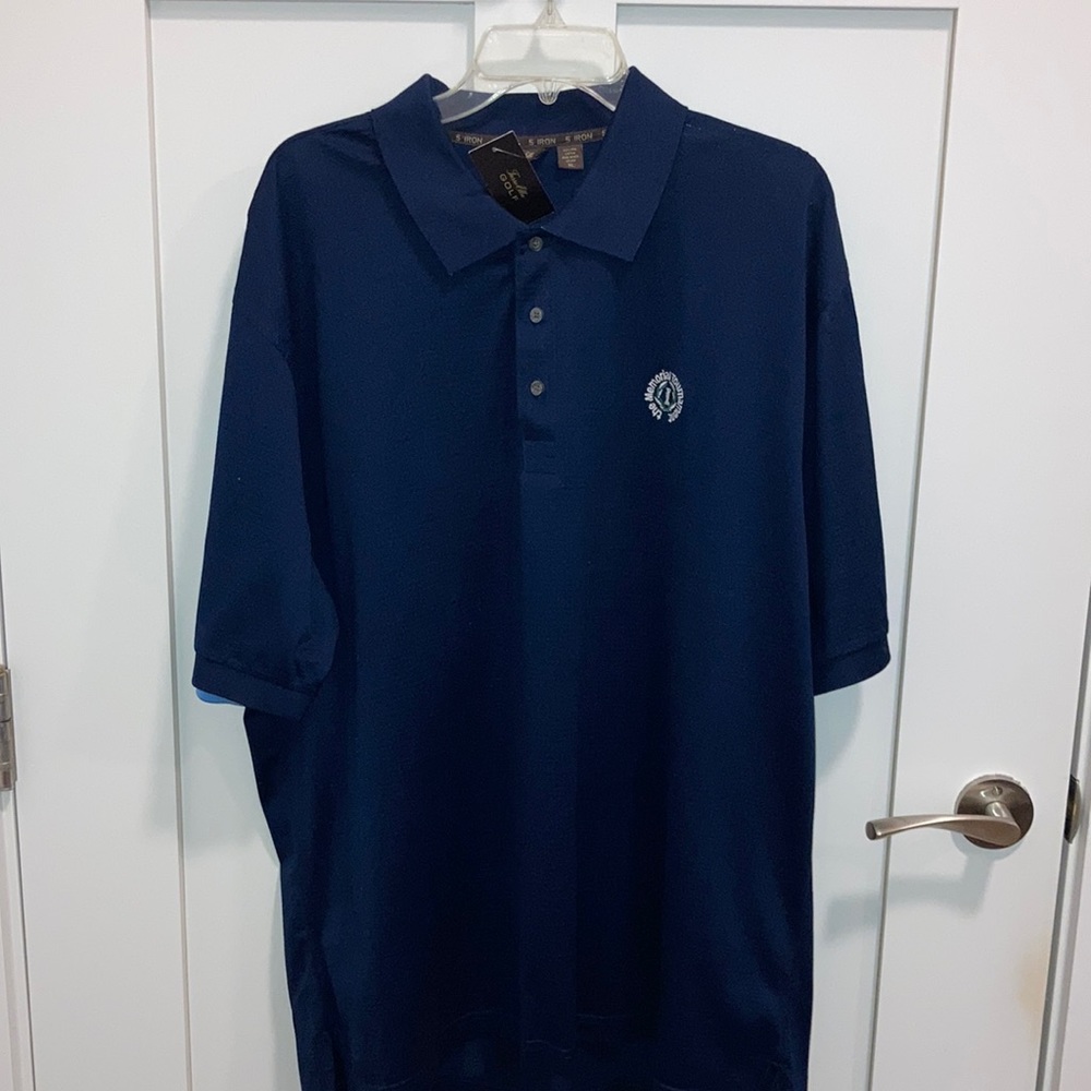 Men’s blue polo shirt.